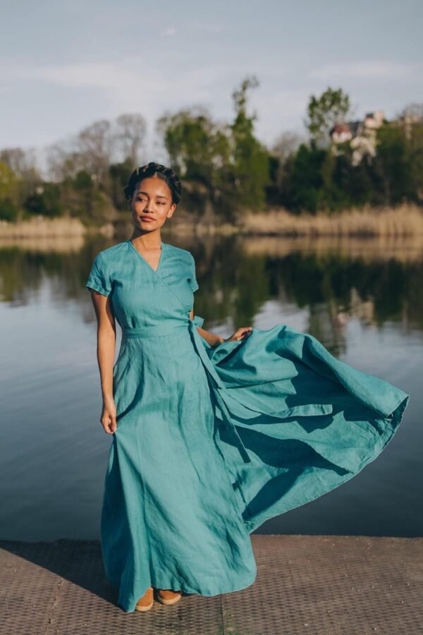Summer Maxi Dress in Blue Green, Linen Wrap For Women, Plus Size, With Short Sleeves & Pockets