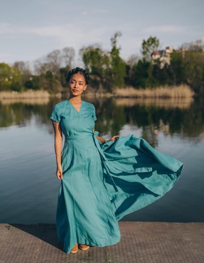 Summer Maxi Dress in Blue Green, Linen Wrap For Women, Plus Size, With Short Sleeves & Pockets