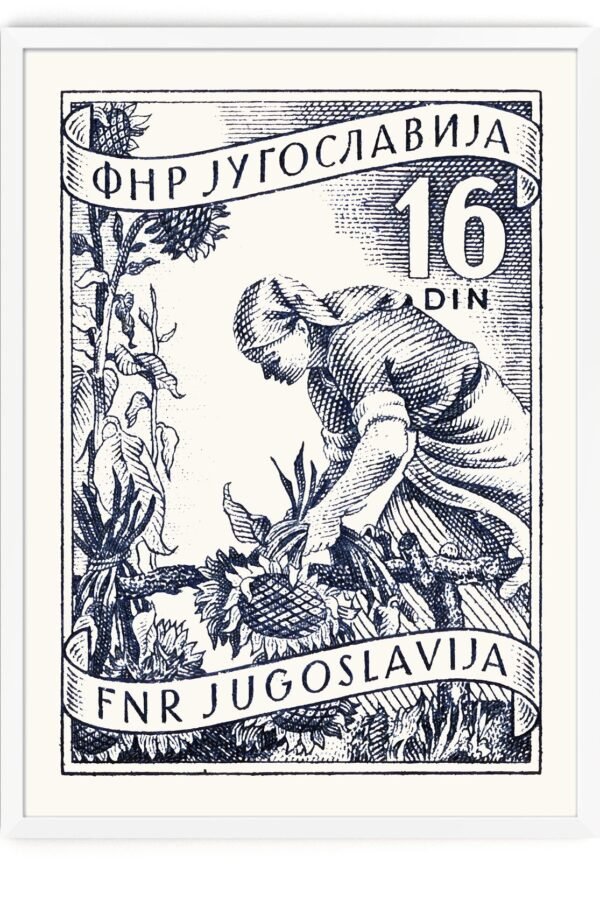 Sunflower Art Farm Scene Yugoslavia Vintage Art Print Blue Artwork Kitchen Decor Landscape Wall Illustration Rustic