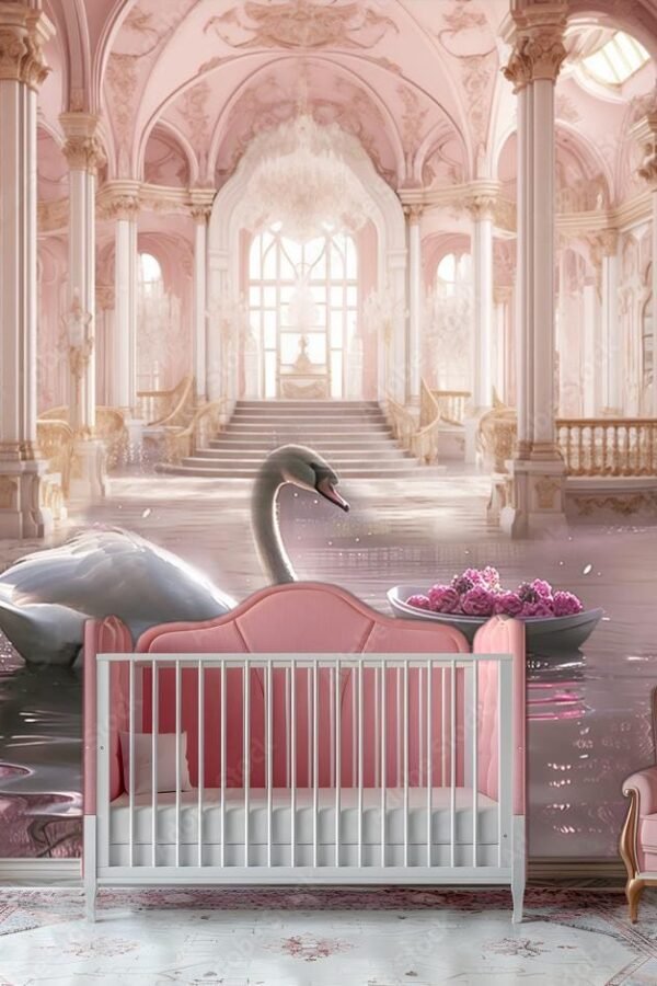 Swan Princess Mural Backdrop Pink Royal Interior Wall Wallpaper Customizable in The Lake Decals Removable