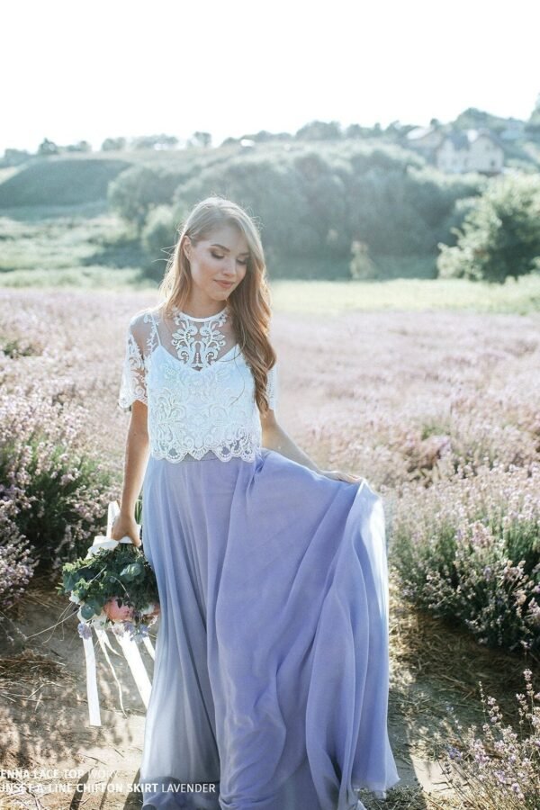 T-Shirt Lace Chiffon Dress, Lavender Bridal Or Engagement Full Length Sunset Separates in Plus Size | Sienna Set