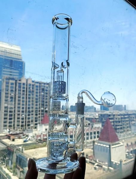 Tall Transparent hookah Thin 12inch Neck Straight Dual Bubble Glass Water Pipe Recycler Oil Rigs Bong Smoking Pipes Hookahs 2 Function 14mm glass oil burner
