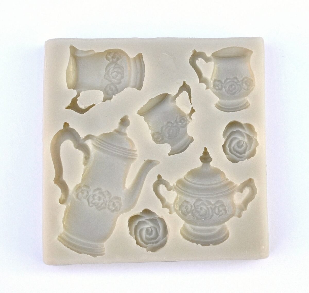 Tea Party Mold, Tea Pot, Cups & Roses Fondant Mold, Highly Detailed Silicone Chocolate Resin Polymer Clay Cupcake Decor