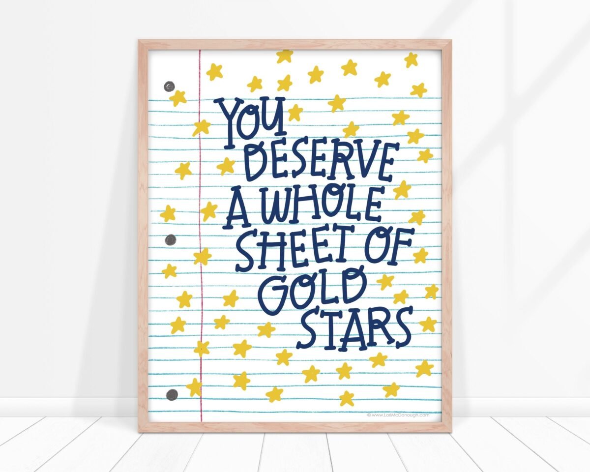 Teacher Gift Gold Stars Wall Art, Grad Gift, Notebook Paper Illustration, Good Job Encouragement Thank You Classroom Decor