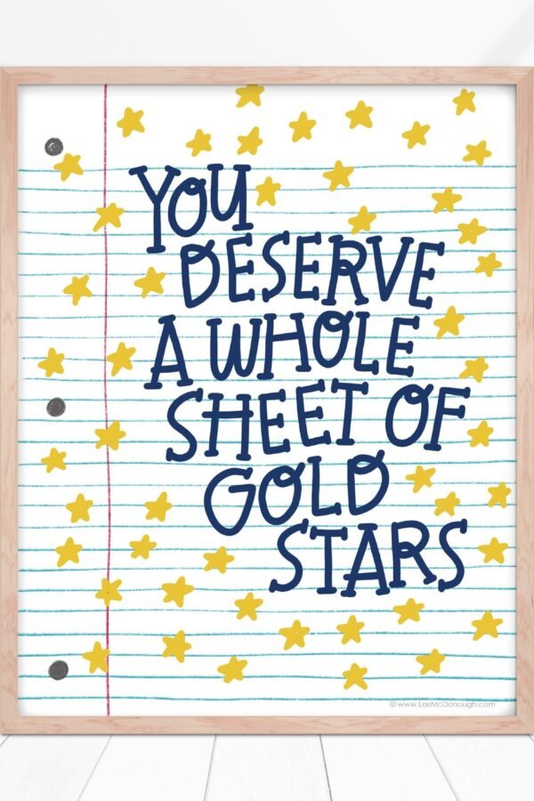 Teacher Gift Gold Stars Wall Art, Grad Gift, Notebook Paper Illustration, Good Job Encouragement Thank You Classroom Decor