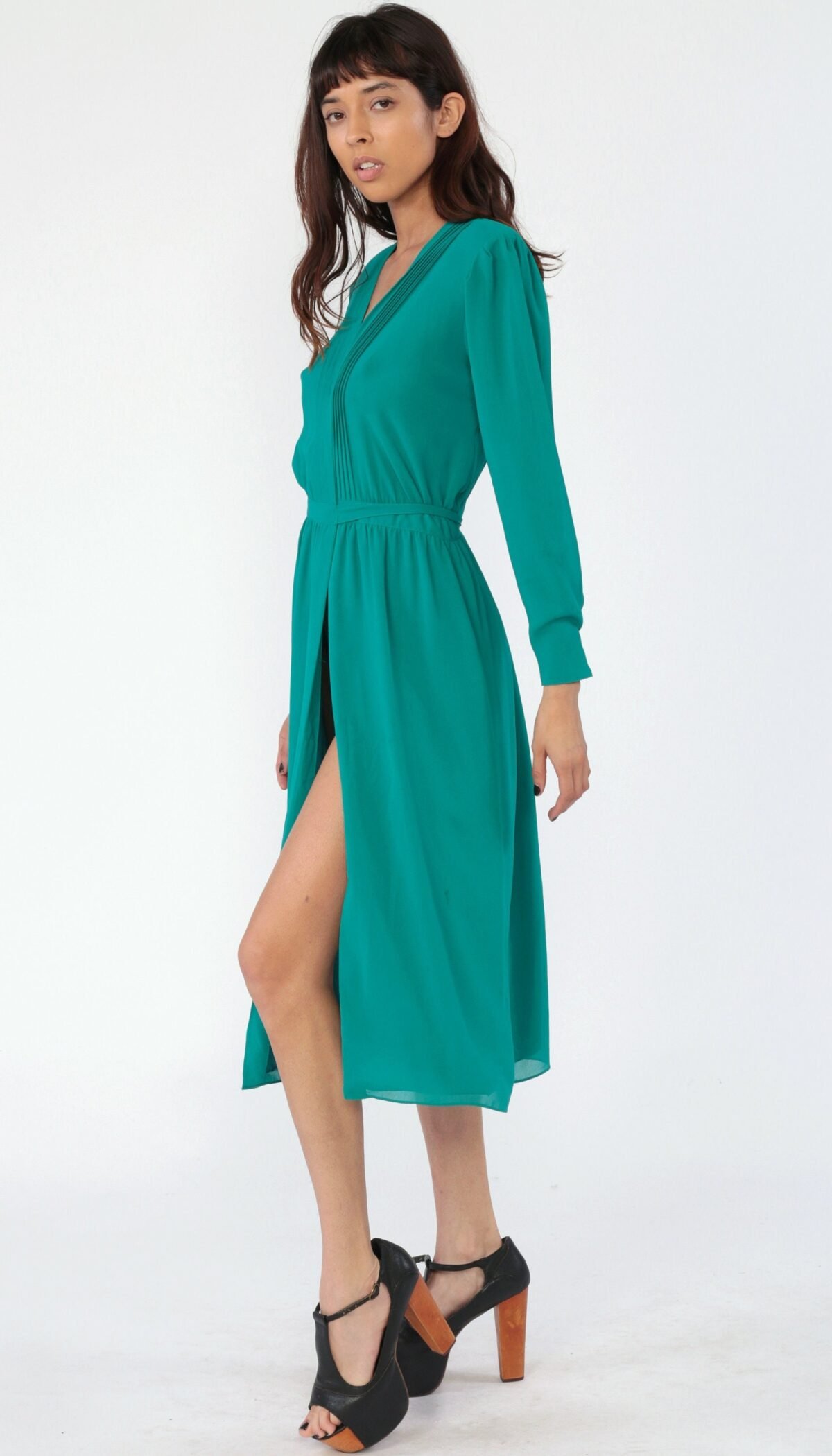 Teal Wrap Dress 80S Secretary High Waisted Green Midi Puff Sleeve Pintuck Deep V Neck 70S Plain Boho 1980S Vintage Long Small