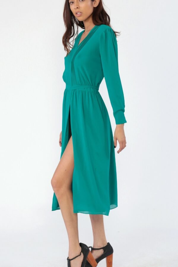 Teal Wrap Dress 80S Secretary High Waisted Green Midi Puff Sleeve Pintuck Deep V Neck 70S Plain Boho 1980S Vintage Long Small