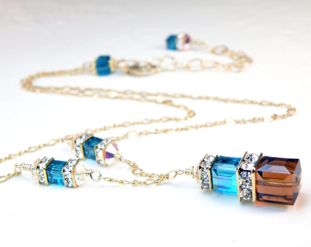 Teal & Chocolate Crystal Necklace, Gold Filled, Blue Brown Cube Bridesmaid Necklace Wedding Jewelry, Mom Anniversary Gift