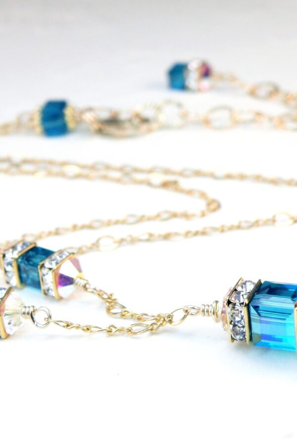 Teal & Chocolate Crystal Necklace, Gold Filled, Blue Brown Cube Bridesmaid Necklace Wedding Jewelry, Mom Anniversary Gift