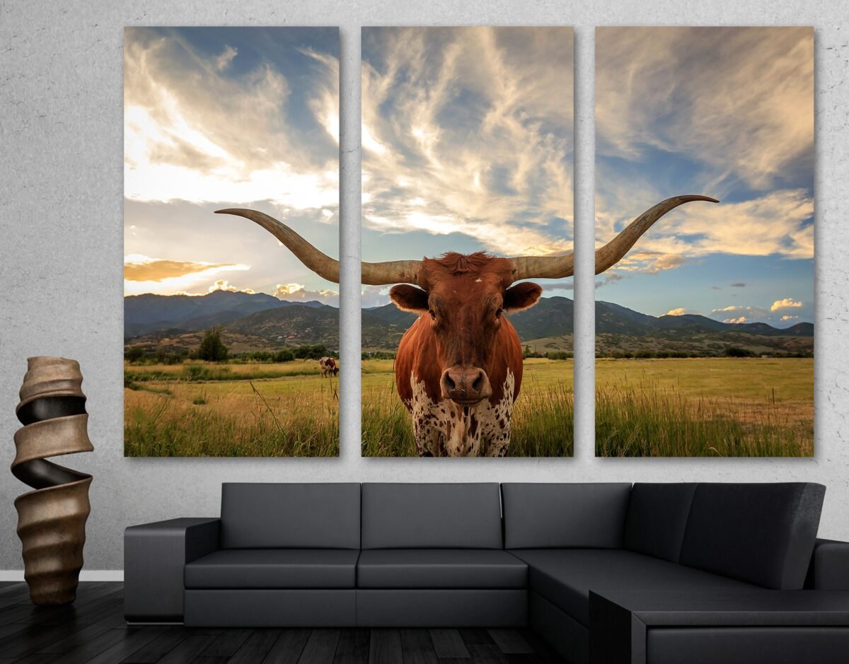 Texas Longhorn Wall Art Canvas Print. Large Cow Print Animal Of Bull Portrait With Long Horns - Giclee Framhouse Home Decor, Wall Decor