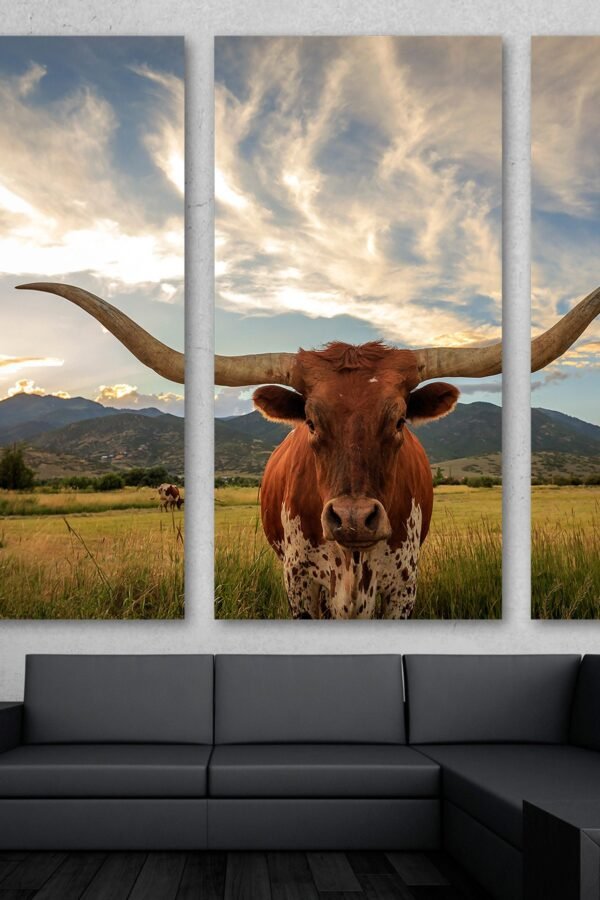 Texas Longhorn Wall Art Canvas Print. Large Cow Print Animal Of Bull Portrait With Long Horns - Giclee Framhouse Home Decor, Wall Decor