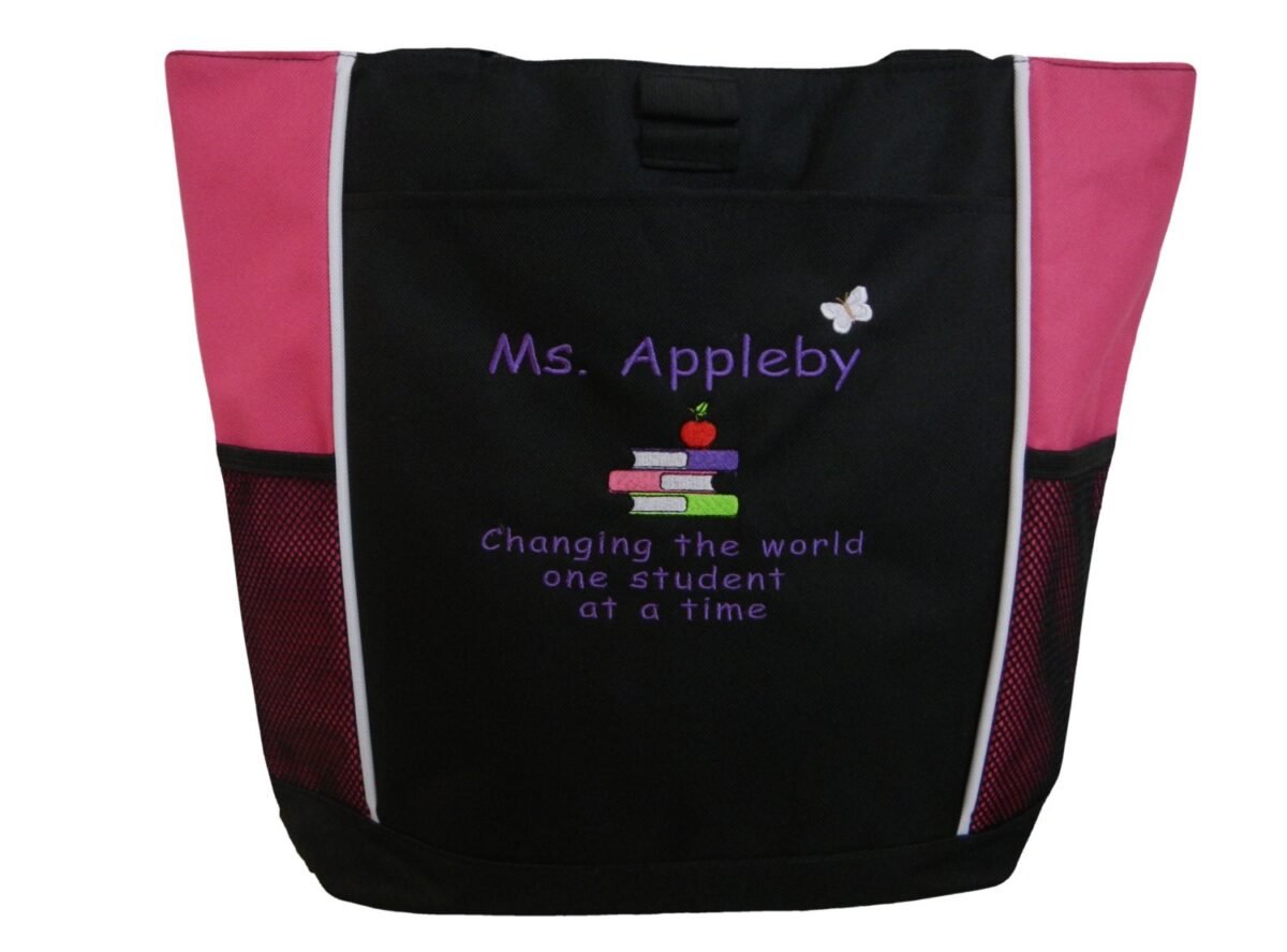 Tote Bag Personalized Teacher Stacked Books Aide Assistant Special Needs Professor Butterfly Changing The World One Student At A Time Quote