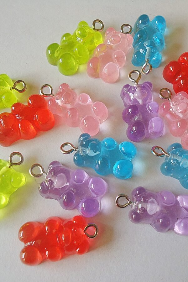 Translucent Gummy Bear Charms, Pink, Purple, Blue, Red Orange, Lemon Lime, Set Of 20