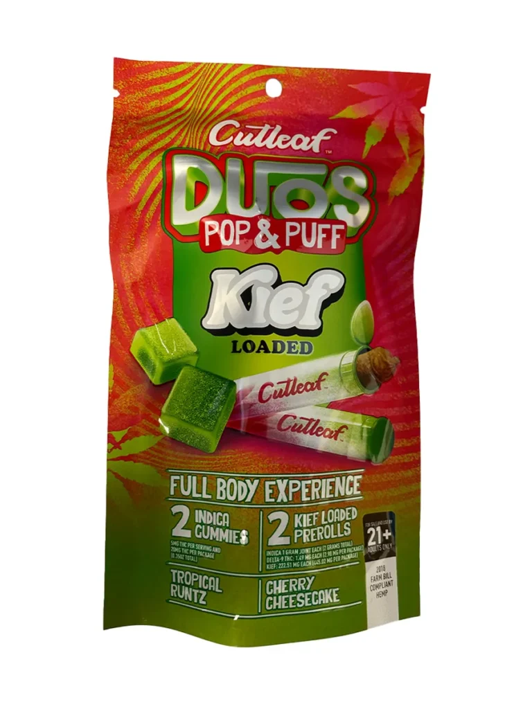 Tropical Runtz | Cherry Cheesecake Cutleaf Duos Pop & Puff Kief Loaded Pre-Rolls & Gummies 2ct