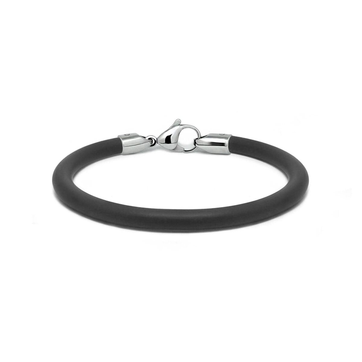 Tubular 4mm Black Rubber Bracelet With Lobster Clasp in Stainless Steel By Taormina Jewelry