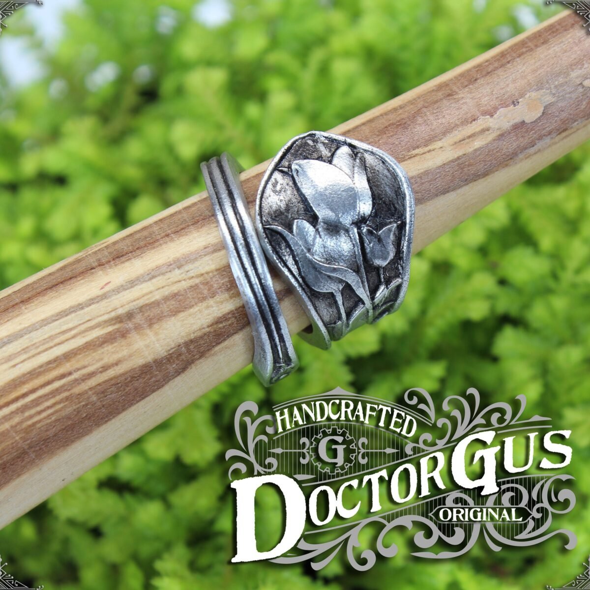 Tulip Ring - Adjustable Wrap Style Handcrafted Pewter By Doctor Gus Beautiful Floral Antique Inspired