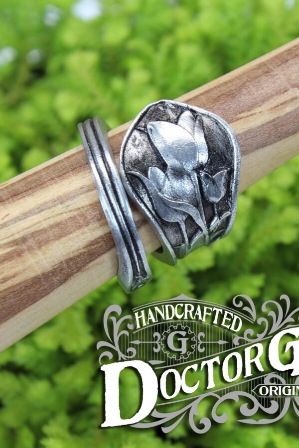 Tulip Ring - Adjustable Wrap Style Handcrafted Pewter By Doctor Gus Beautiful Floral Antique Inspired