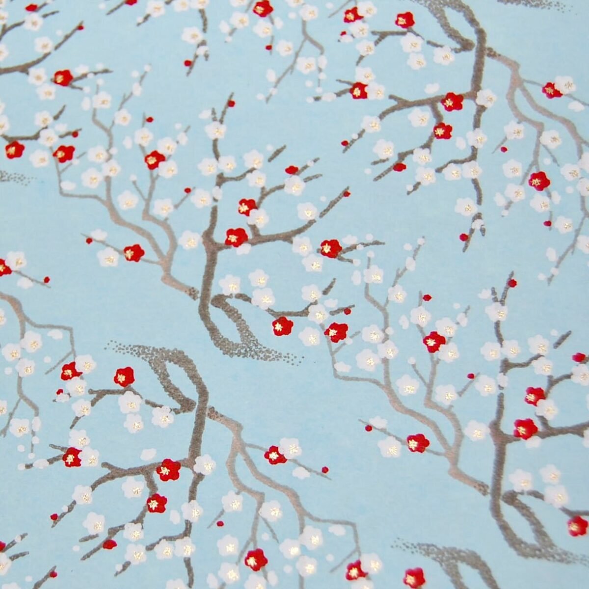 Two Japanese Chiyogami Yuzen Paper Sheets Red & White Blossoms, Sky Blue | 5" X 4.25"