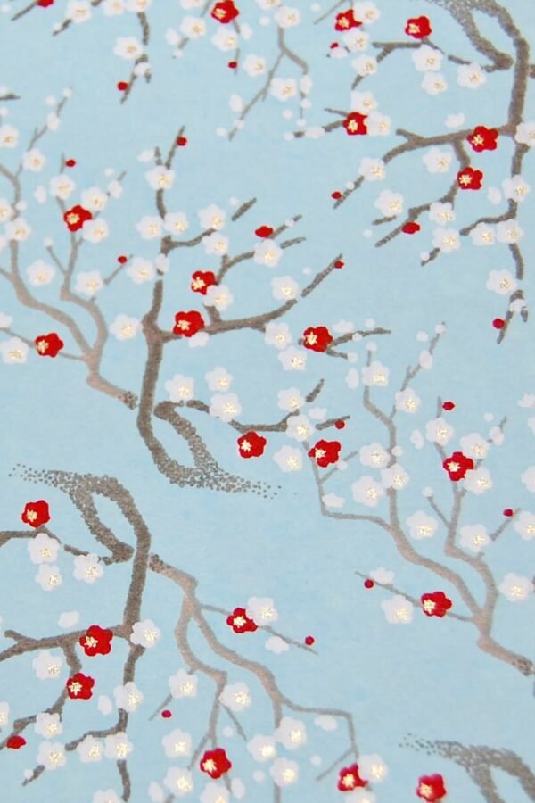 Two Japanese Chiyogami Yuzen Paper Sheets Red & White Blossoms, Sky Blue | 5" X 4.25"