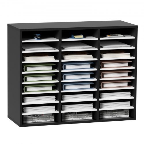 VEVOR 27 Compartments Wood Literature Organizer, Adjustable Shelves, Medium Density Fiberboard Mail Center, Office Home School Storage for Files, Documents, Papers, Magazines, Black+White