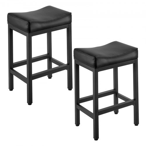 VEVOR Bar Stool Set of 2, PU Leather Counter Height Stools, 25 inch Barstool with Saddle-Seat and Metal Legs, Easy Assembly Backless Bar Chair, Island Barstools for Kitchen, Dining Room, Cafe, Black