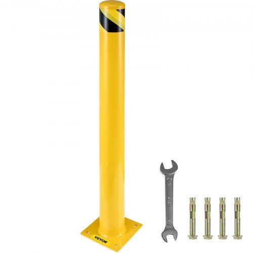 VEVOR Safety Bollard 48"x5.5", Safety Barrier Bollard 5-1/2" OD 48" Height, Yellow Powder Coat Pipe Steel Safety Barrier, with 4 Free Anchor Bolts, for Traffic-Sensitive Area
