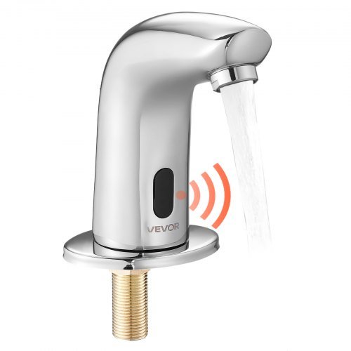 VEVOR Touchless Bathroom Sink Faucet, Automatic Motion Sensor Restroom Toilet Faucet Cold Water with Hole Cover Plate, Battery Operated for 9/16 in Pipe Commercial Lavatory,Chrome Plated Silver G112M
