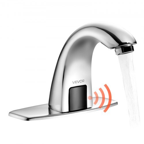 VEVOR Touchless Bathroom Sink Faucet, Automatic Motion Sensor Restroom Toilet Faucet with Hole Cover Plate, Battery Operated,Adjustable Temp for 9/16 in Pipe Commercial Lavatory,Chrome Plated Silver