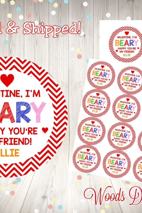 Valentine Stickers // Beary Happy Friend Gummy Bear Classroom Favor Choice Of Size Personalized Printed Shipped