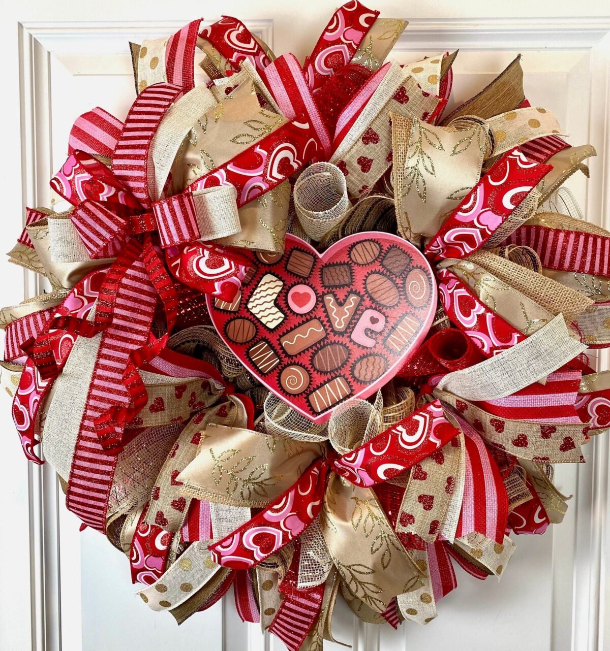 Valentine's Day Chocolate Box Wreath Red, Pink, & Gold Ribbon Decor