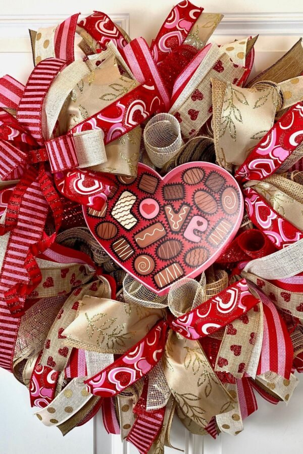 Valentine's Day Chocolate Box Wreath Red, Pink, & Gold Ribbon Decor