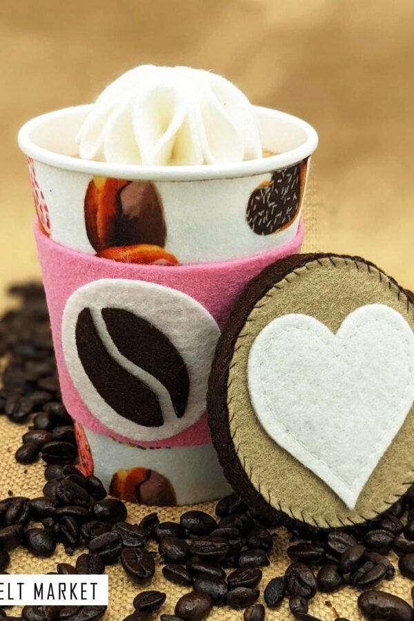 Valentine's Day Donut Latte Felt Play Food Toy With Lid For Pretend - 12 Oz Black Coffee & Hot Chocolate Whipped Cream