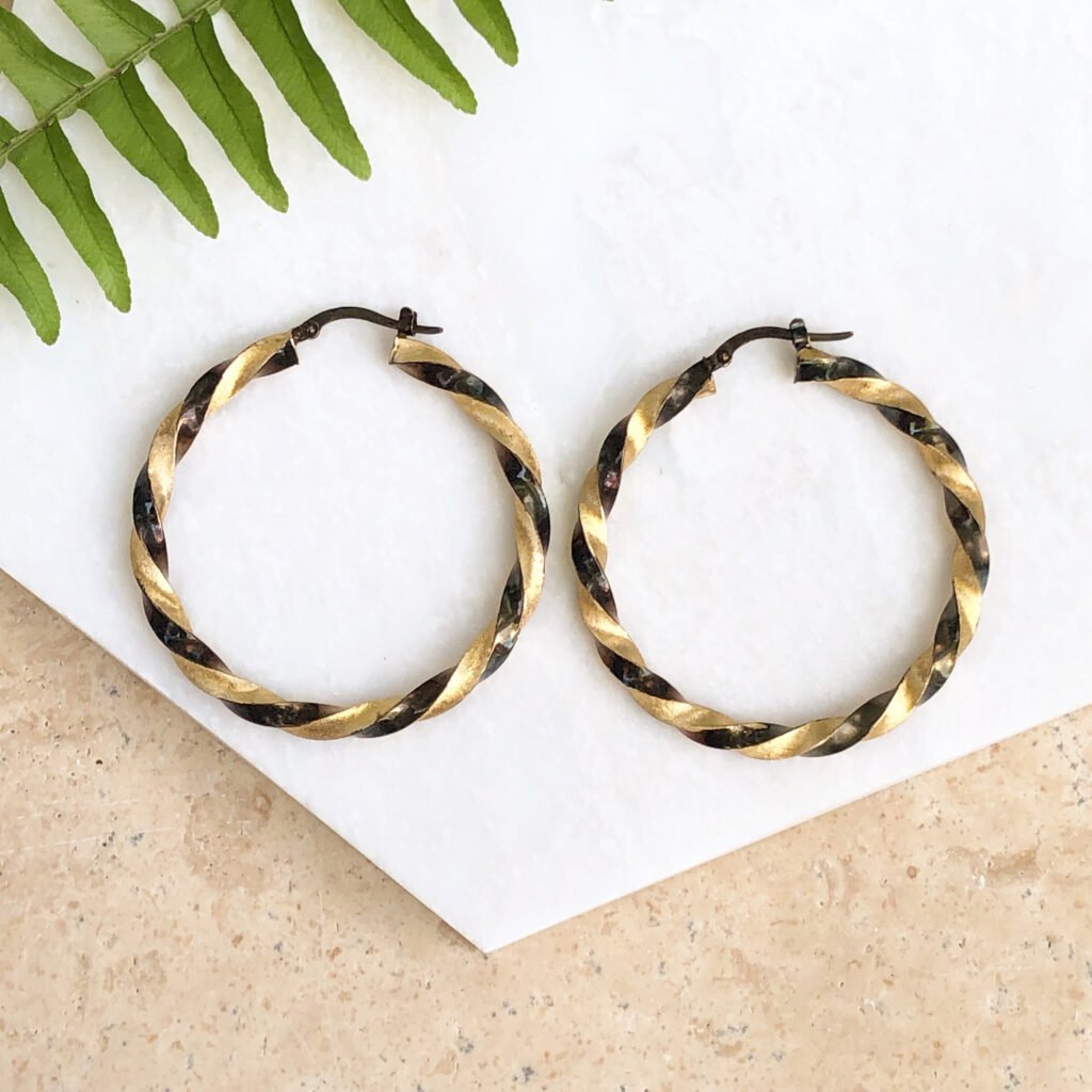 Vintage 14Kt Yellow Matte Shiny Gold + Chocolate Twist Swirl Hoop Earrings