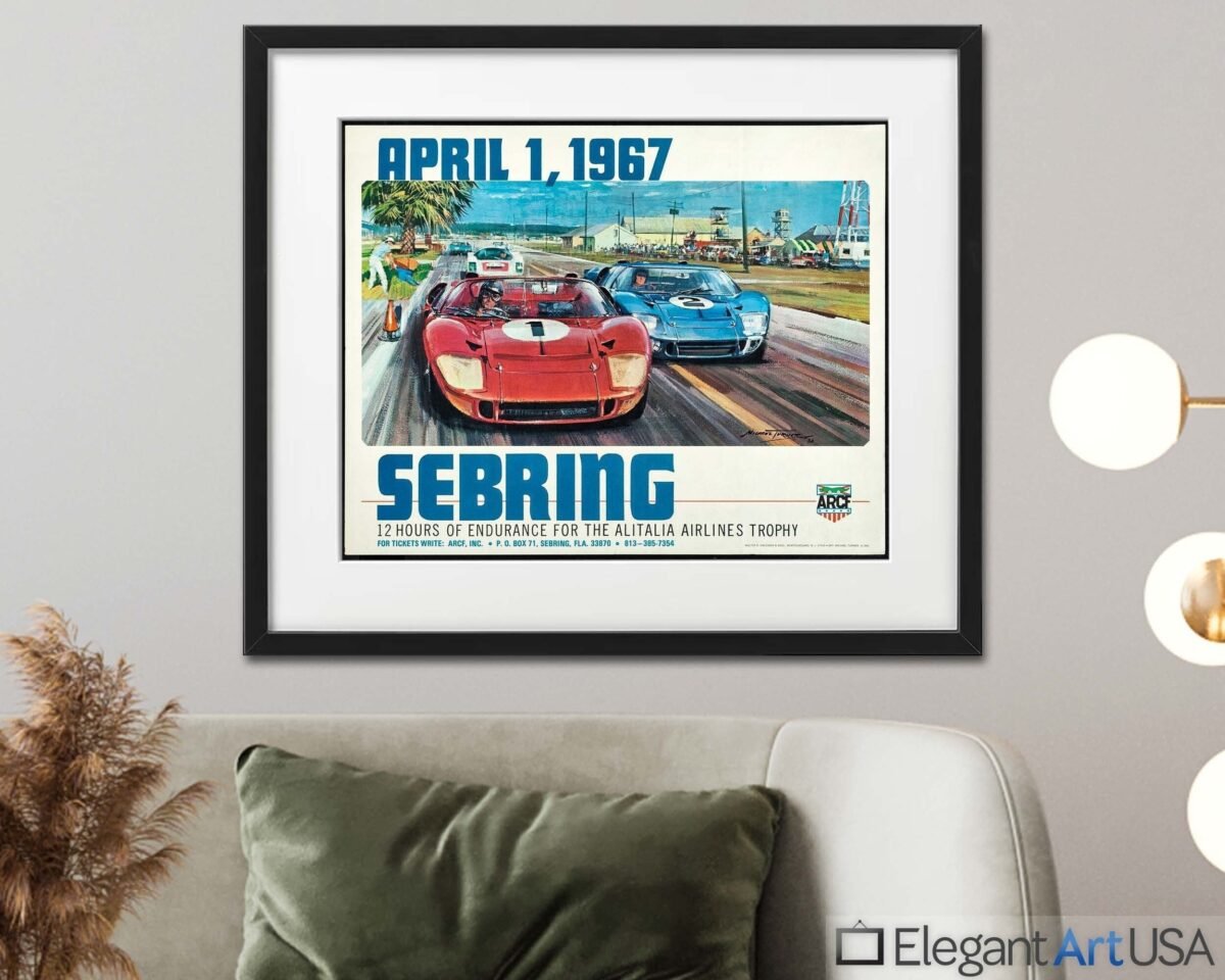 Vintage 1967 Sebring Race Poster Print Wall Art Ford Gt40 Framed Car Canvas Home Decor Cars Man Cave