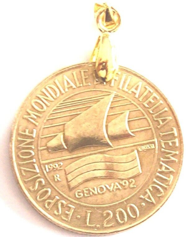 Vintage 1992 Italy Coin Pendant Lire 200. Italian Republic 200 Lire Commemorative World Exhibition Of Philately Art.8339-36.29Th Birthday
