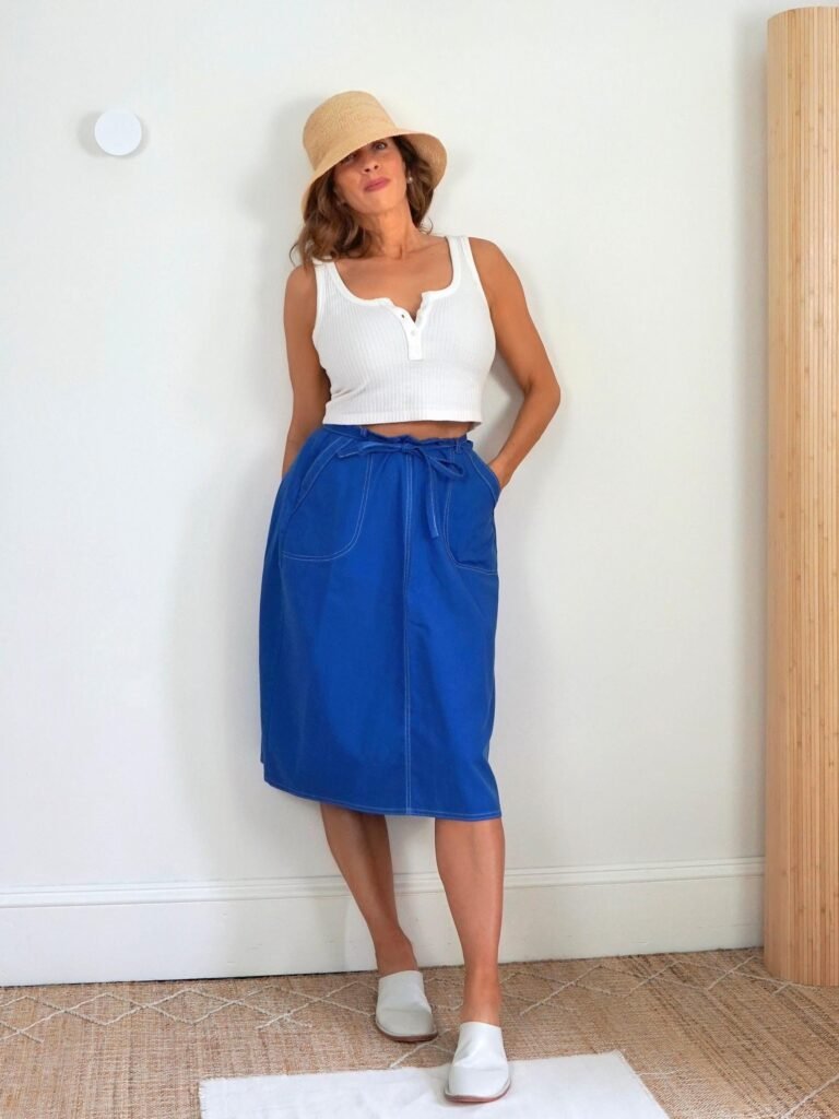 Vintage 80's Solid Cobalt Blue Casual Adjustable Waist Tie Front Wrap Side Pockets White Contrast Topstitch A-Line Simple Cut Knee Skirt