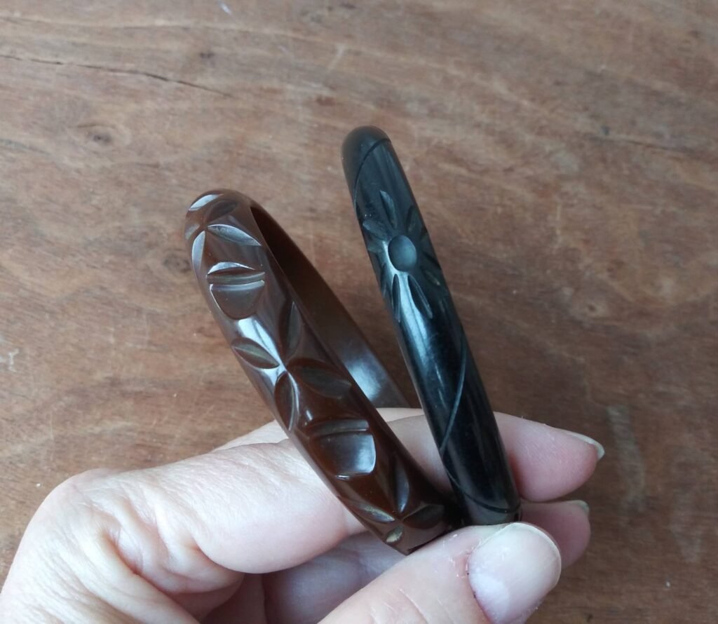 Vintage Bangle Bracelets Carved Black & Chocolate Brown Bakelite Celluloid Thick Plastic Bracelet Set 40's 50's Mid Century Fashion Jewelry