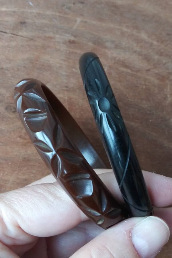 Vintage Bangle Bracelets Carved Black & Chocolate Brown Bakelite Celluloid Thick Plastic Bracelet Set 40's 50's Mid Century Fashion Jewelry