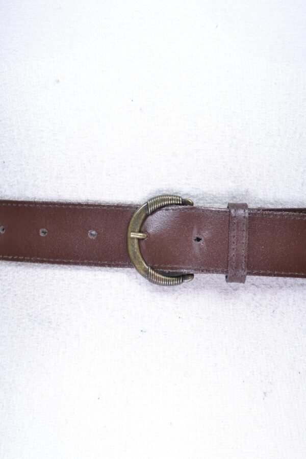 Vintage Chocolate Brown Leather Belt With Carved Bronze Buckle