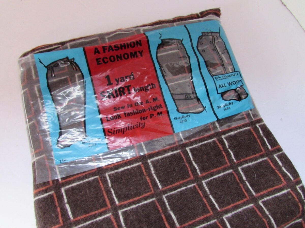 Vintage Fabric Original Packaging One Yard Skirt Length Wool Grid Pattern Chocolate Brown Squash White Simplicity Patterns