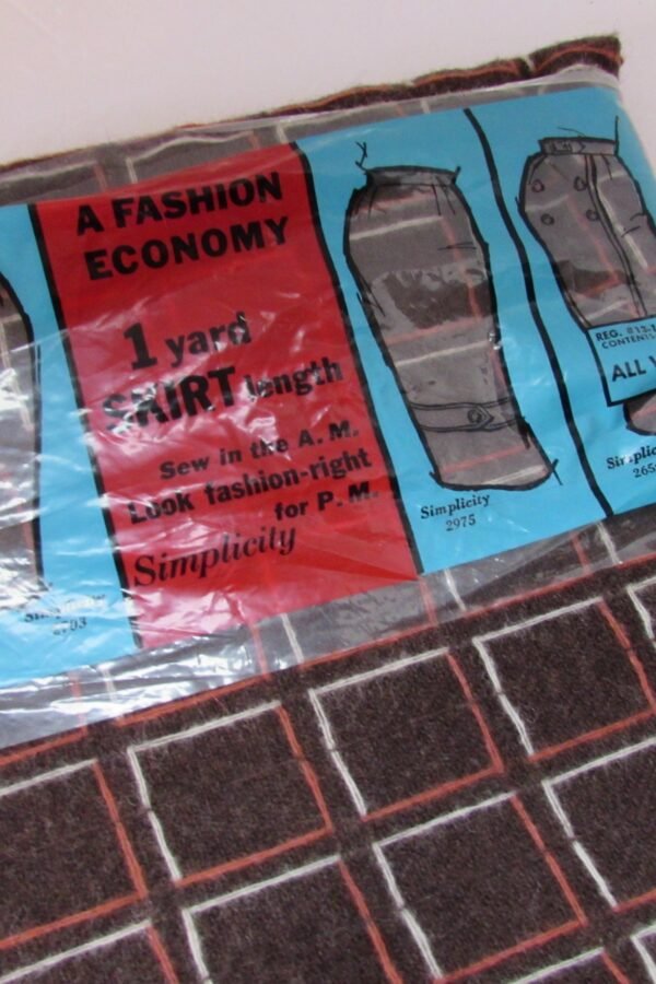 Vintage Fabric Original Packaging One Yard Skirt Length Wool Grid Pattern Chocolate Brown Squash White Simplicity Patterns