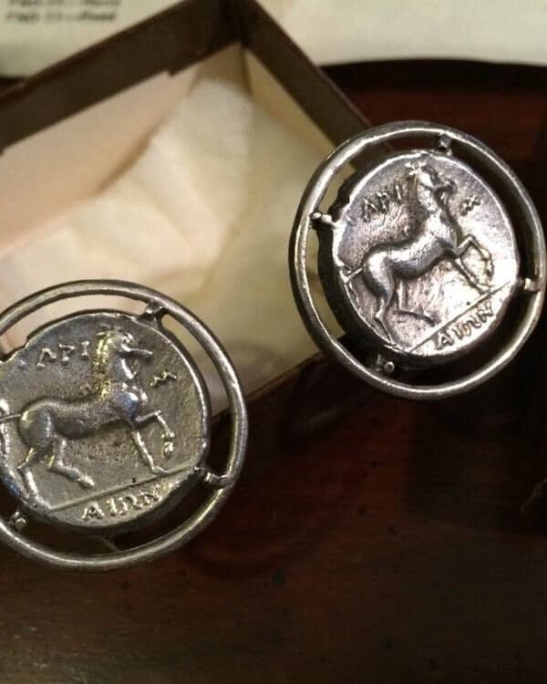 Vintage Greek Coin Cufflinks - Fountain Nymph Larissa Silver Horse Cuff Links Alva Museum Replicas Orig Box & Papers