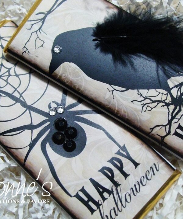 Vintage Halloween Candy Bar Wrappers/Assembled Chocolate Favors-Halloween Gothic Rustic Design-Crow-Spider-Halloween Party Favor
