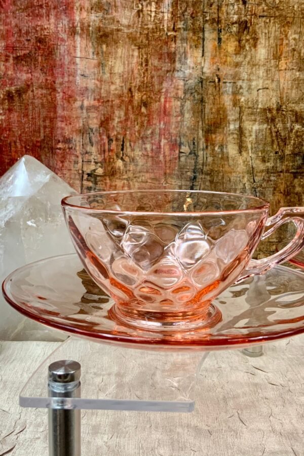 Vintage Heisey Yeoman Pink Flamingo Cup & Saucer, Yeoman, Pink, Diamond Optic Stem 1184, Please Read Description
