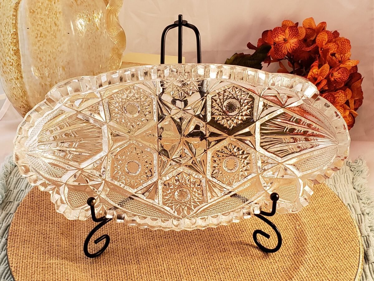 Vintage Imperial Glass Nucut #212 Giftware Celery Dish ~ Patterned Service Piece Pickles, Olives, Relish Tray Shabby Chic Vibes