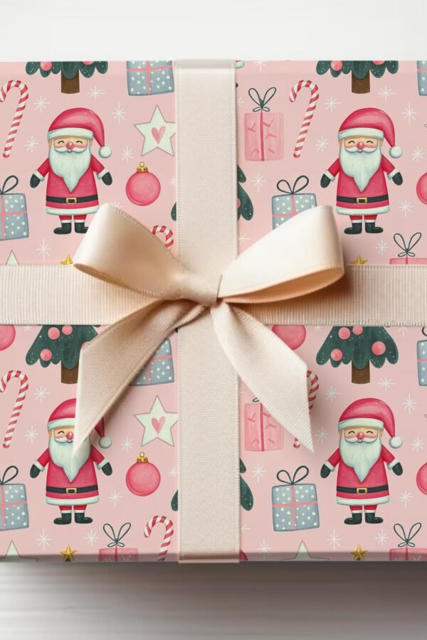 Vintage Santa Wrapping Paper Roll Pink Christmas Gift Wrap Tree Papers Light