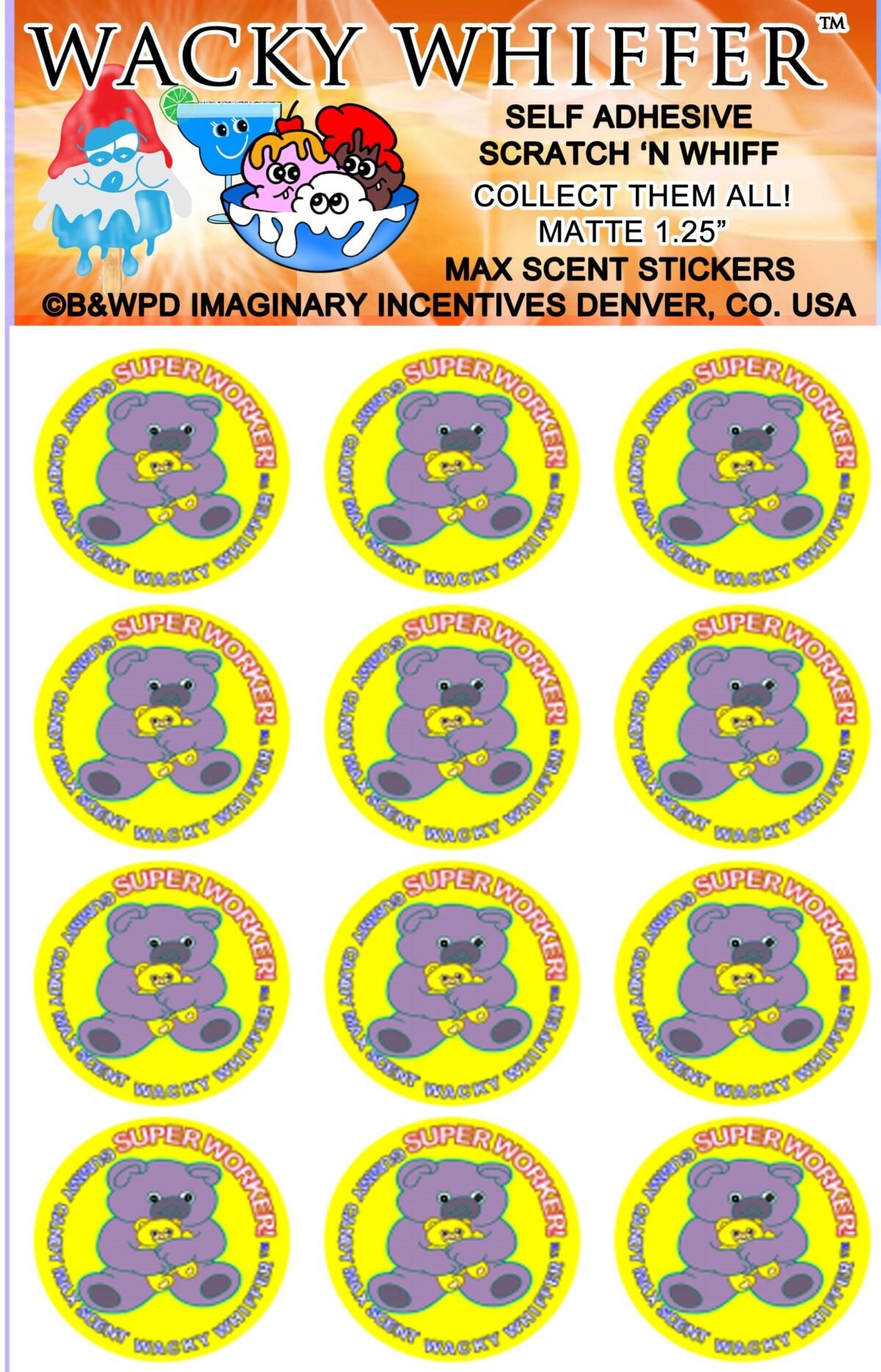 Wacky Whiffer Whiffers Matte Max Scent Scratch & Sniff Stickers. Gummy Candy/Bear Year 2007 Max Scent Sticker Pack