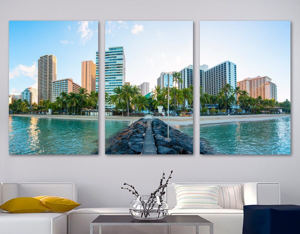 Waikiki, Hawaii Skyline Wall Art Canvas Print. Waikiki Cityscape, City Art - Giclee Print For Home Decor, Interior Design