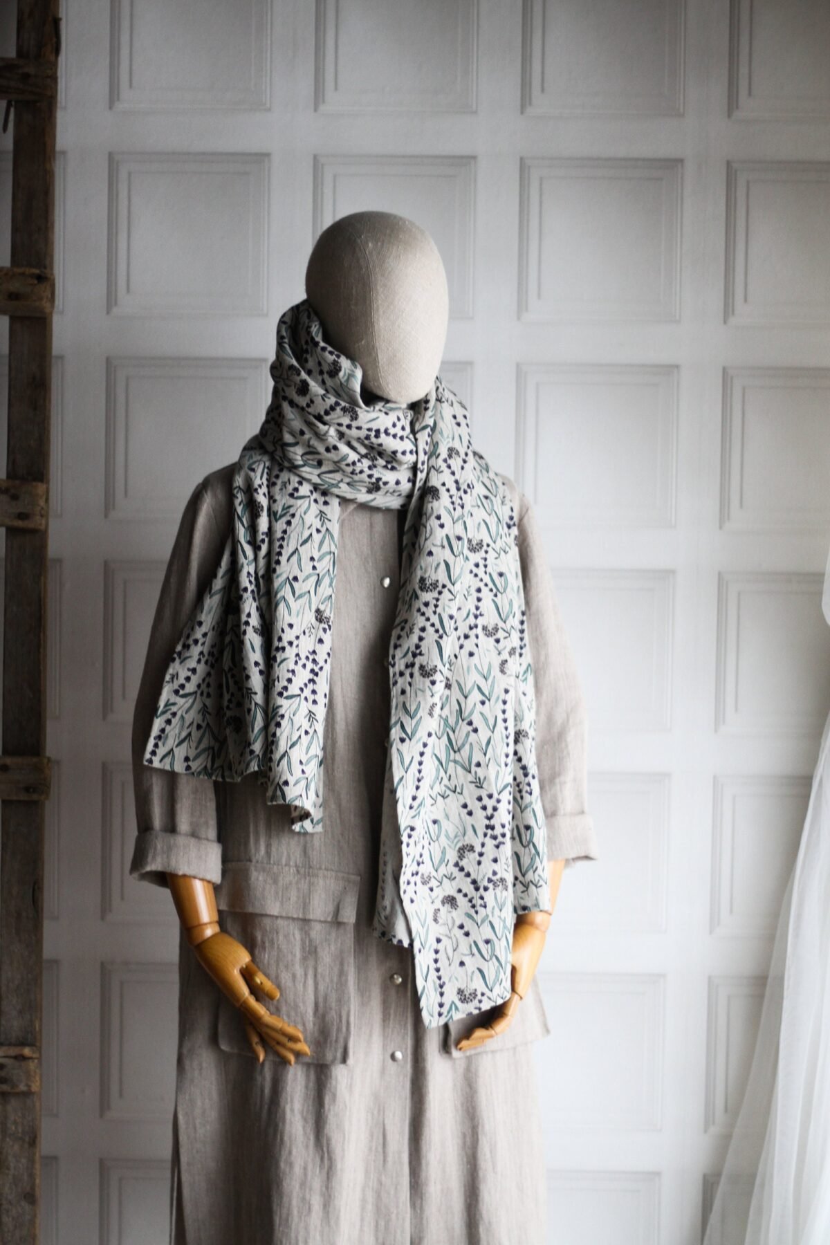 Washed Linen Wide Scarf With Lavender Flower Detail, Long Floral Scarf, Oversized Shawl, Wrap