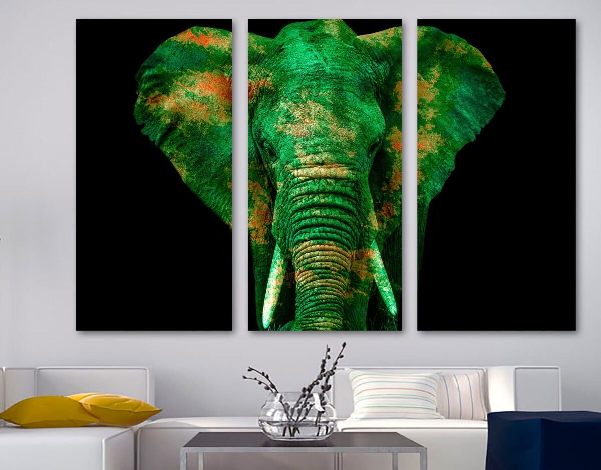 Watercolor Elephant Wall Art Canvas Print - Green Water-Color Art, Wild Animal Giclee Home Art Decor, Wall Interior Design